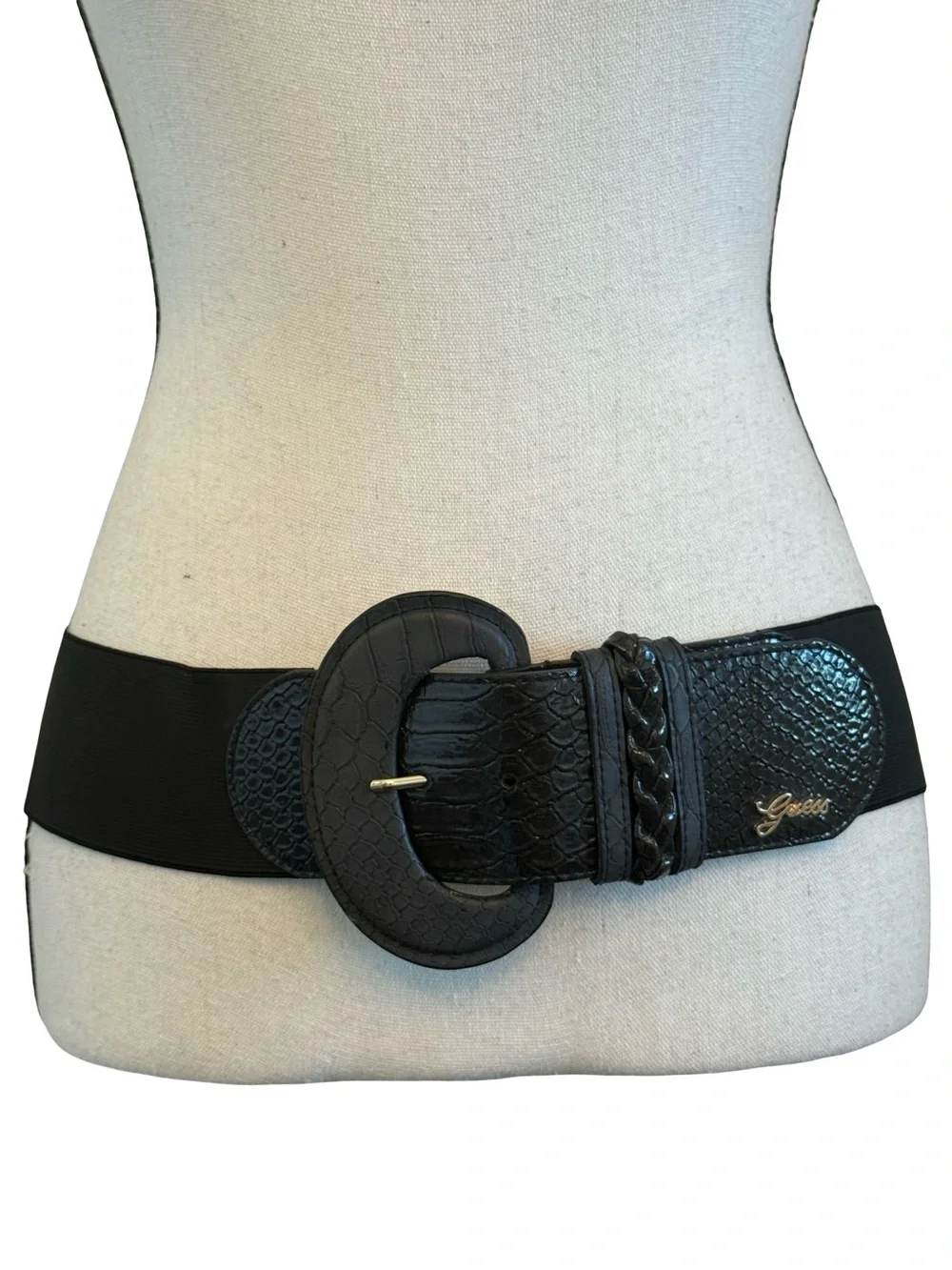 Guess Black Stretch Waist Belt Faux Snakeskin Wide Elastic Belt M/L